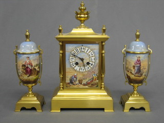 A French 19th Century 3 piece gilt metal and enamel mounted clock set, the striking clock with enamelled dial and porcelain panels decorated fisherfolk surmounted by a lidded urn, together with 2 side pieces decorated fisherfolk