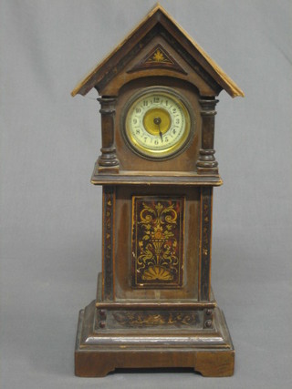 A Continental miniature longcase clock, the 2" circular porcelain dial with Arabic numerals contained in an inlaid pine case 12"