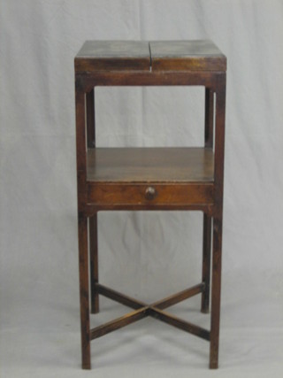 A Georgian mahogany square 3 tier wash stand with hinged lid, the base fitted a drawer, with X framed stretcher