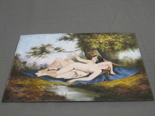 A 19th/20th Century rectangular enamelled plaque of 2 reclining naked ladies 10" x 14"