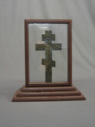 A bronze Greek Orthodox crucifix, the reverse with engraved script 11"