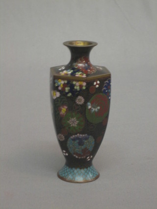 A 20th Century octagonal black ground club shaped cloisonne enamel vase 6"
