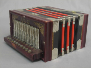 A cherry accordion with 13 buttons