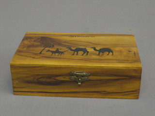 An olive wood trinket box with hinged lid decorated a camel 6â€