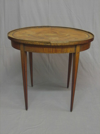 A 19th Century oval inlaid mahogany occasional table, raised on square tapering supports 32" (poor condition)