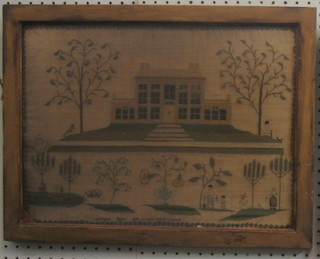 A 19th Century wool work and stump work sampler in the form of a country house with gardens, trees and figures by Georgina Bigbee 23 June 1823, aged 9 years (hole to left hand midway) 12 1/2" x 17"