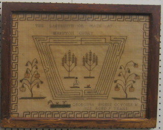 A 19th Century wool work sampler of the maze at Hampton Court by Georgina Bigbee October 16 1822, aged 9 years 12 1/2" x 17"