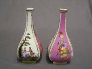 A pair of German porcelain club shaped vases with panel decoration decorated flowers and figures 8"