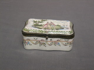 An 18th/19th Century rectangular enamelled box with hinged lid, decorated  a romantic scene, the base marked R, 5"