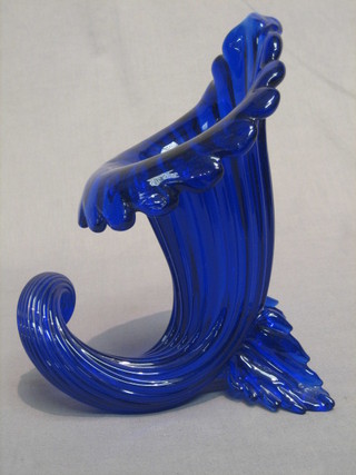 A Murano Bristol blue glass cornucopia shaped vase the base signed, 9"