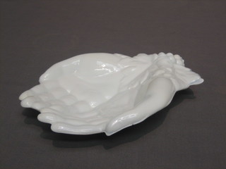 A Victorian Vaseline glass dish in the form of 2 open hands 7"