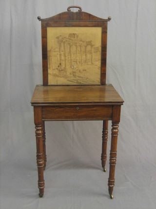 A William IV rosewood writing table with writing slide, the back incorporating a screen, the base fitted a drawer, raised on turned supports 23"