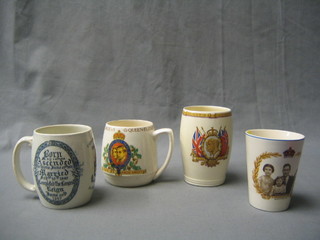 An 1897 Victoria Jubilee mug presented by The Mayor of Brighton (chipped) together with a George V Coronation beaker do. George VI mug and 1 other