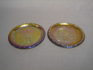 An orange Carnival glass plate decorated The Liberty Bell and 1 other decorated Independence Hall 8"