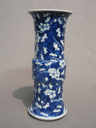 A 19th Century Oriental blue and white vase of cylindrical form, the base with 6 figure character mark, 12"