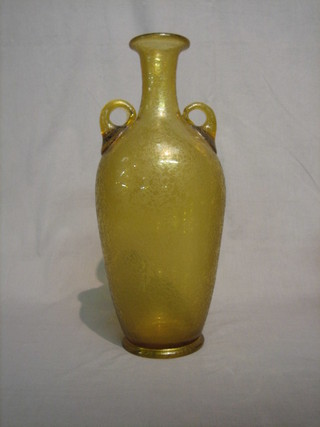 A Roman style amber glass twin handled crackle glass vase 16 1/2"