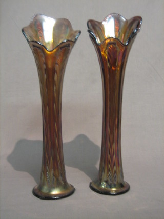 A pair of orange Carnival glass vases 16"