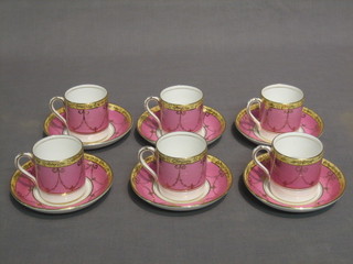 A Grosvenor China 6 piece pink, yellow and gilt banded coffee set manufactured for Harrods