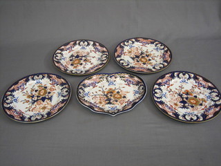 An 18th Century Derby shaped dish 10" and 4 circular Derby plates 10" (all cracked) 