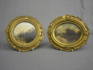 A 19th Century oil painting on board "College From River" 6" circular and 1 other "River with Bridge" 5" oval,
