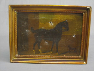 An 18th/19th Century oil on canvas "Horse in a Stable with a Dog" 8" x 12" (some holes)