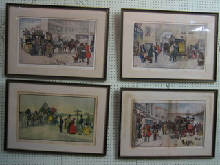4 reproduction coloured coaching prints "Nicholas Nickleby Departs From Dotheboys Hall, Mr Pickwick His Friends and Alfred Jingle, David Copperfield Arrives in London and Mr Pickwick Leaves For London" 13" x 20", all contained in Hogarth frames