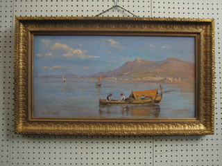 J L Alberti, 20th Century Continental oil on board "Study of Mediterranean Mountains with Figures Fishing" 11" x 23"