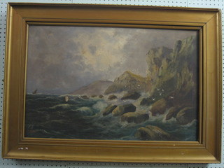 J M Duker, oil on canvas "Seascape, Rocky Shoreline with Heav y Sea and Sailing Ship" 18" x 29", (some damage) contained in a gilt frame
