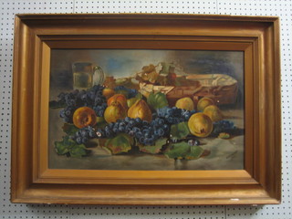 V H Lawton, oil on canvas still life study "Basket of Fruit and a Pint of Beer" 15" x 25"