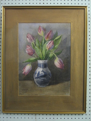 C Healey, 1930's watercolour still life study "Blue and White Vase of Tulips" 15" x 11"