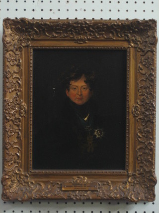 After Lawrence, an oil painting on board head and shoulders portrait "George IV" wearing the Star of the Garter and the Order of the Golden Fleece 10" x 8"