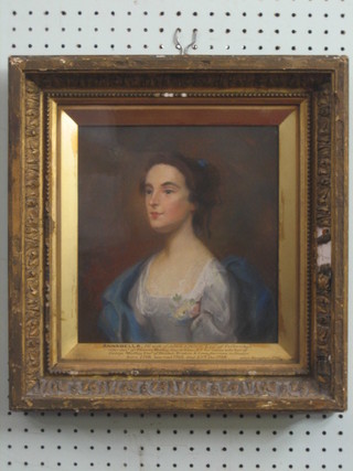 An 18th/19th Century gouache head and shoulders portrait  "Annabella First Wife of James Evelyn of Felbridge" contained in a decorative gilt frame 11" x 10 1/2 