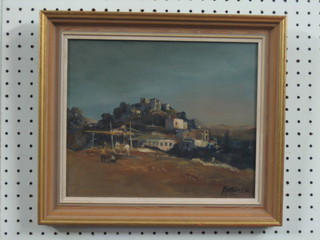 Matt Bruce, oil painting on board "Mouacar Spain with Donkey and Figures" 9 1/2" x 11", the reverse with explanation by artist
