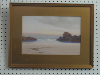 P J Widgery, watercolour "Seascape with Beach and Rocks" 7" x 11"