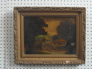 A 19th/20th Century oil painting on board "Country Scene with Figures by a Wooded Area" 8" x 11"