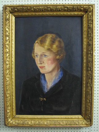 A 1930's oil painting on board, head and shoulders portrait of a lady 24" x 23 1/2"