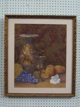 19th Century watercolour "Doulton Vase, Goblet and Cruet" with blind fret work stamp to the bottom LSK 17" x 14"