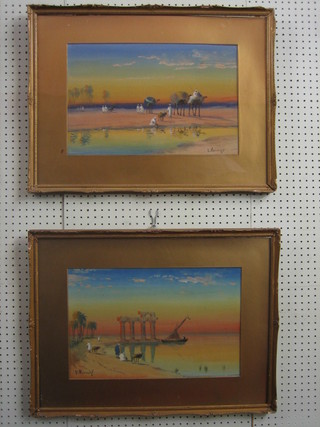V Manago, Egyptian School, a pair of watercolour drawings "At The Oasis and By The Jordan" 12" x 18"