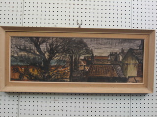 Watercolour drawing "View From a Terrace with Roofs and Beach in the Distance" indistinctly signed and dated '85 8" x 23 1/2", with label to the reverse 