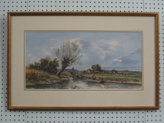A watercolour drawing "Country Scene with River, Cottage Bridge and Figures" 9" x 19 1/2" signed and dated 1906