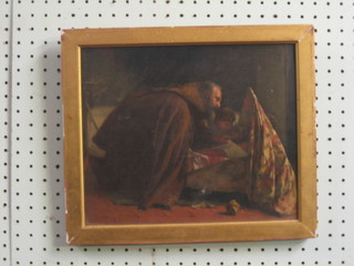 19th Century oil on board "Child in Cradle with Crouching Father" 9 1/2" x 11 1/2", monogrammed and dated 1876, border marked C A Calthrop