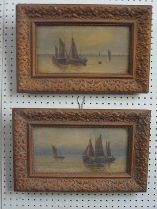 A pair of Victorian oil paintings on board "Sailing Ships" monogrammed NL? 5 1/2" x 11"