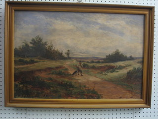 H Glover, Victorian oil on canvas "Poacher with Dog in Open Moorland" 15" x 23"
