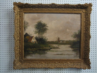 Dutch oil on board "Canal with Windmill and Figure Fishing" 15" x 19" indistinctly signed