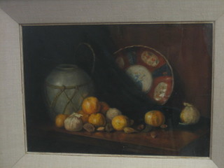 Oil on canvas,  still life study "Table with Fruit, Imari Plate and a Ginger Jar" 13" x 19", the reverse marked Framed at Dawson Gallery, 4 Dawson Street, Dublin