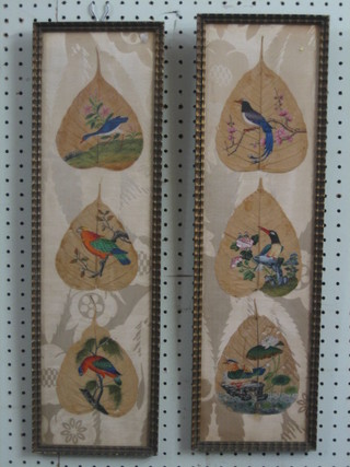 Six Oriental leaves painted birds contained in 2 frames 22" x 6"