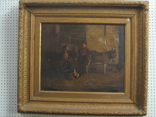 A Victorian oil on canvas "Interior of a Stable with 2 Donkeys, Children with Chicken" 15" x 20" (some paint loss and holes)