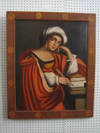 A 19th Century,  oil on canvas "Classical Lady Scholar" 23" x 19" contained in an inlaid oak frame (re-lined)