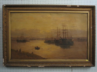 E H Price, oil on canvas "Harbour Scene with Moored Sailing Vessels" 21" x 35"