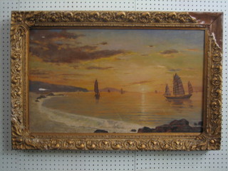 David Cheng, 20th Century oil on canvas "Hong Kong Harbour at Dusk" 17" x 29", signed and dated 1960
